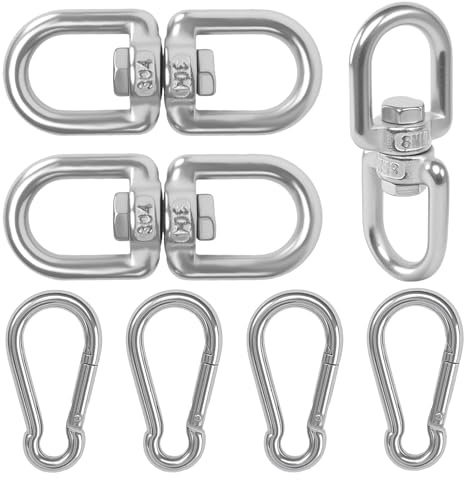 HFDONGL 2 Stück Drehwirbel M8 mit 4 Karabinerhaken Groß 304 Edelstahl Karabiner Drehgelenk Wirbel Aufhängung Hängesessel für Hängestuhl Boxsack Schwenkgrill Baumschaukeln Aerial Silks