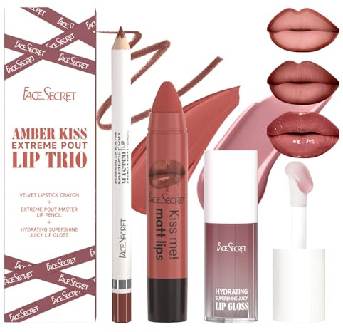 3-teiliges Set aus Lipliner und Lippenstift, hochpigmentiertes Lippen-Set in Nude-Braun mit wasserfestem Lipliner, samtig-geschmeidigem Lippenstift und glänzendem, feuchtigkeitsspendendem Lipgloss