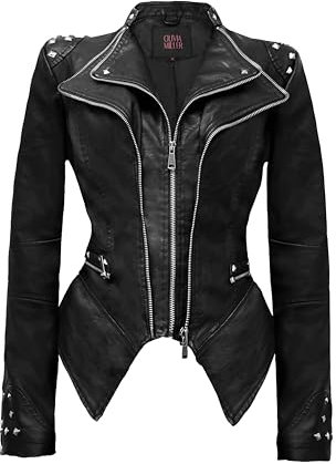 Olivia Miller Modische Bikerjacke für Damen, Kunstleder, Nieten, Revers, formend, Moto-Oberbekleidung, Jk44169-black, M