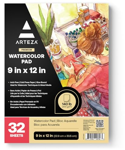 Arteza 9x12 Aquarellblock (22.9x30.5 cm), 32 Blatt Aquarellpapier 140lb/300gsm, kaltgepresstes säurefreies Wasserfarben Papier, klebegebundener Malblock für Aquarell & Mischtechniken