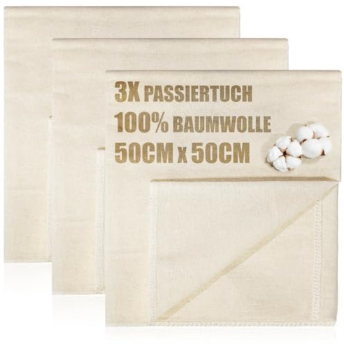 com-four® 3x Bäckerleinen, Seihtuch, Passiertuch, Knödeltuch 50 x 50 cm aus 100% Baumwolle - Gewebte Tücher für Teigzubereitung - Reißfest bei hoher Feuchtigkeit - Seiher, Leinentuch zum Brotbacken