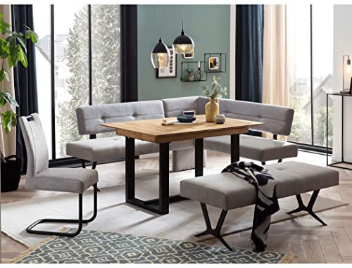 expendio Tischgruppe Esstisch Gunar 1XL 130(180) x90 cm Eiche rustikal massiv + 2X Bank EDA 2 + 1x Stuhl Kato Bezug Kombi Natural Gray, kurzer Schenkel bei Eckbank:rechts