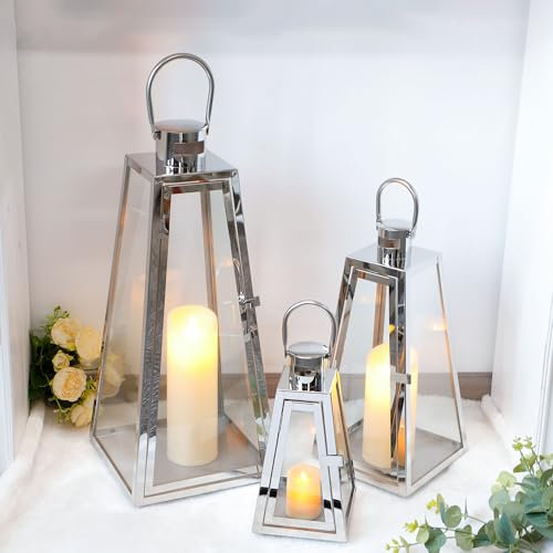 TRIROCKS 3er-Set Edelstahl Kerzenhalter 54/40/28 cm Hoch Metall Kerzenhalter Mit Gehärteten Glasscheiben Für Heimdekoration Wohnzimmer Tischplatte Innen Außen (Silber)