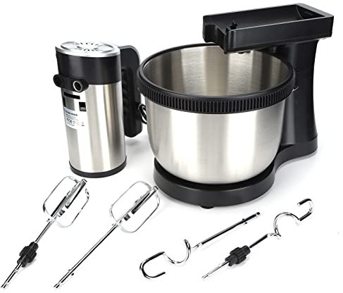 1000W Elektrischer Schneebesen, 5 Geschwindigkeiten 2 in 1 Handmixer Abnehmbarer Edelstahl Rührschüssel Standmixer für die Herstellung von Sahnekuchen Plätzchen Eiern