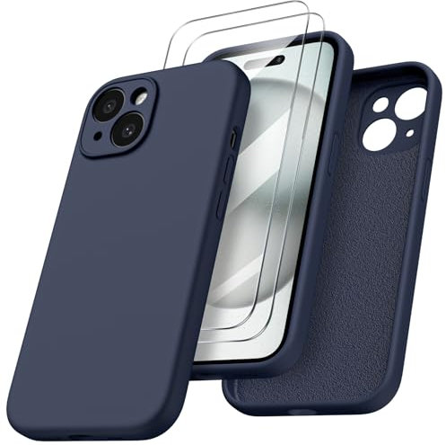 ORNARTO für iPhone 15 Hülle mit Kameraschutz und 2 Schutzfolien, flüssigem Silikon Handyhülle iPhone 15 6.1 Zoll mit Kamera Schutz, stoßfeste iPhone 15 Schutzhülle mit Mikrofaser - Mitternachtsblau