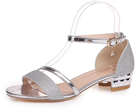 OALEEN Chaussures Sandales Femme Eté Confortable Petit Talon Carré Nu-pieds Bout Ouvert Strass Bride Cheville Mariage Soirée Argenté 41