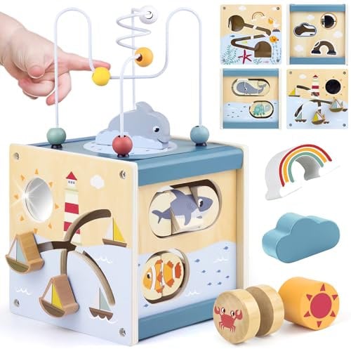 Airlab Wooden Activity Cube Baby Toys for 1 Year Old, 1st Birthday Gifts for Girls and Boys, 12+ Months Montessori Toys with Bead Maze Shape Sorter Educational Sensory Toys for Kids Age 1 2 3