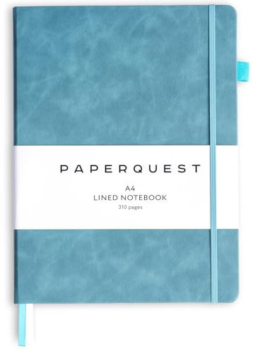 PAPERQUEST Notizbuch aus veganem Leder, A4, 310 Seiten, College-liniert, 100 g/m² dickes, liniertes Papier, Hardcover-Tagebuch für Damen und Herren, großes Notizbuch, für Arbeit, Schule, Notizbuch.