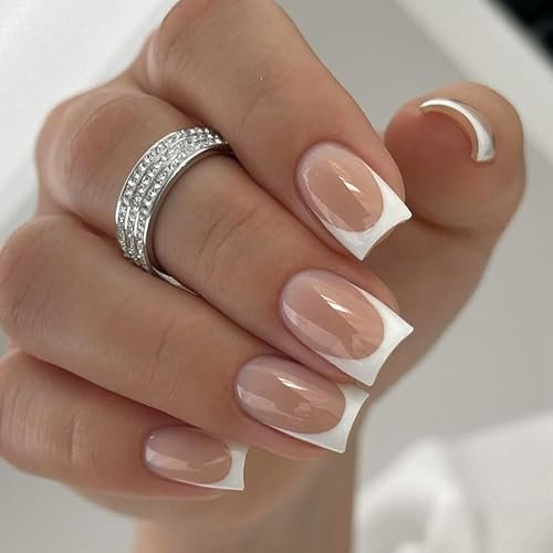 Ovale Kurze Künstliche Nägel French Press On Nails MrCuvaryas French Press On Nails Kurz Square Soft Gel Nail Tips Full Cover Nageltip (Nude with White Tips)