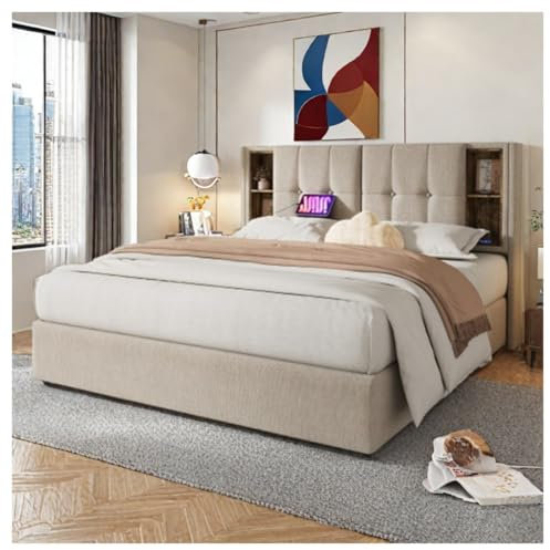 Sapgaks Polsterbett, 140 x 200 cm, mit USB-Anschluss, Aufbewahrung, Leinen, Struktur aus Holz, Farbe Natur (Matratze nicht im Lieferumfang enthalten)