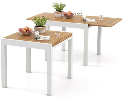 GOPLUS Gartentisch ausziehbar, 80/160x80x75 cm Terrassentisch wetterfest aus Aluminium mit Holzoptik, Ausziehtisch für 4 bis 6 Personen, Outdoor Esstisch für Garten Rasen Veranda Poolbereich (Natur)