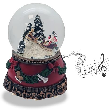 Schneekugel Weihnachten Spieluhr | Santa im Schlitten | Sockel Weihnachten rot Tannengirlande | mit Musik | Schüttelkugel Weihnachtsdekoration | B: 10 cm H: 14 cm | 20276