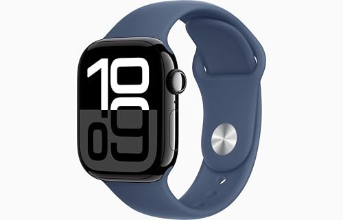 Apple Watch Series 10 [GPS, 46mm] - Jet Black Aluminum Case with Denim Sport Band, S/M (Renewed)
