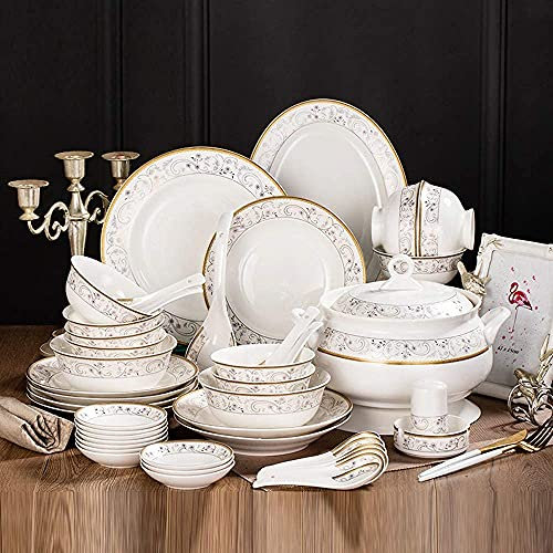 KXQYIKYI 56-teiliges Set, Geschirr-Set aus feinem Bone China-Porzellan/Emaille-Bastel-Schüssel- und Teller-Set, Küchengeschirr zum Servieren von Abendessen