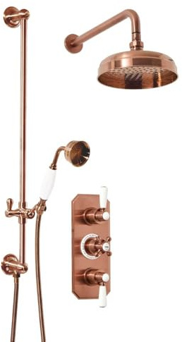 MILANO Thermostatic Mixer Valve 200mm Round Shower Head Riser Rail Copper