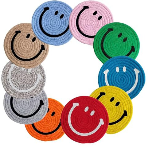 Arightmu 10 Colors/Set Coasters Drink Coasters, Handmade Braided Smiley Face Coasters for Drinks, Eco-Friendly Table Mats for Home Kitchen Decor(Smiley)