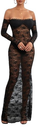 CocMouse Women Vintage Y2k Lace Maxi Dress Long Sleeve Off Shoulder See Through Mesh Bodycon Dress Sheer Club Long Dress (Black, S)