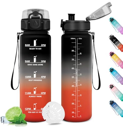 Wasserflasche Sport 1L, Auslaufsicher Wasserflasche mit Filter, Motivierende Trinkflasche mit Zeitmarkierung, Kohlensäure Geeignet, Sportflasche für Gym, Fitness, Büro, Schule, Yoga, Outdoor