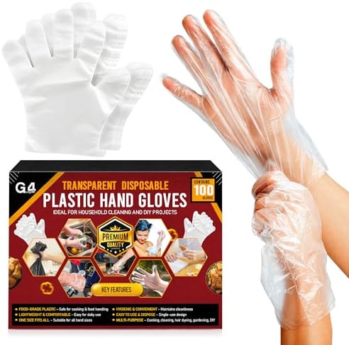 G4GADGET 100Pcs Disposable Plastic Gloves – Food Safe, Clear Polyethylene Gloves for Kitchen, Cooking, Cleaning, Food Handling, Medical & Household Use – One Size Fits Most