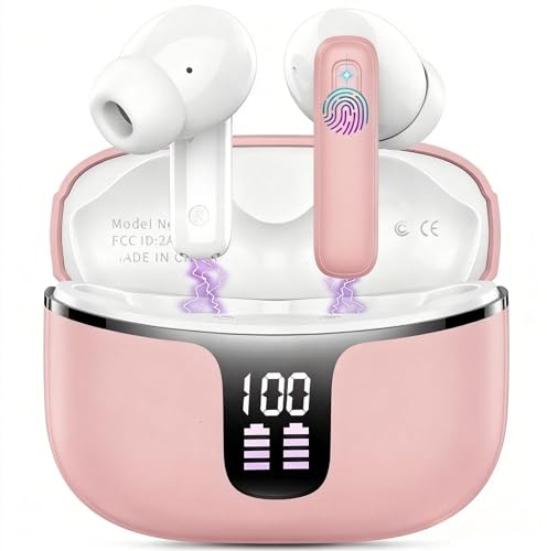 Bluetooth Kopfhörer, Kopfhörer Kabellos Bluetooth 5.3 mit 4 ENC Noise Cancelling Mic, Kabellose Kopfhörer HiFi Stereo Tiefbass Wireless Earbuds 40Std, IP7 Wasserdicht Ohrhörer Sport LED Anzeige Pink