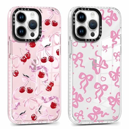 Foonary 2 Pack Cute Bow Heart Print Phone Case for iPhone 14 Pro 6.1, Fashion Design Soft Slim Clear Case Shockproof TPU Bumper Protective Cover for Women Girls
