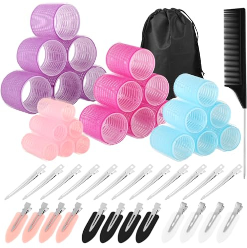 Lockenwickler Set 50-teilig, 24 Klettwickler mit Clips, 4 Größen | Sanftes Styling ohne Hitze für große Locken, Volumen und natürliche Wellen bei kurzen bis langen Haaren