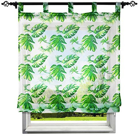 Raffrollo mit Schön Floral Druck Design Rollos Voile Transparent Vorhang (BxH 120x140cm, Grün Blätter)