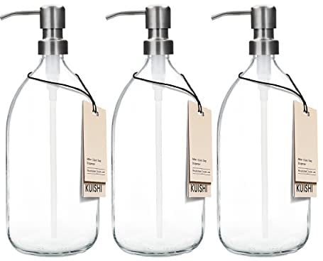 Kuishi Three Clear Glass Pump 1000ml Flasche mit Edelstahl-Silberpumpe, umweltfreundlicher nachfüllbarer Seifenspender, stilvolle Badezimmerdekoration