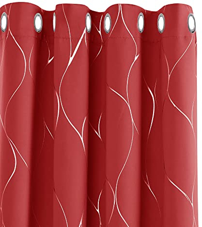 Deconovo Christmas Decorations Blackout Curtains, Thermal Curtains Silver Wave Line Foil Printed Eyelet Curtains for Bedroom, 52 x 84 Inch(Width x Length), Red, 2 panels