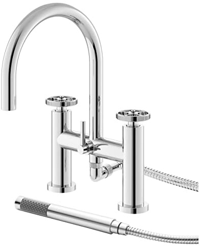 Hudson Reed TIW354 Revolution ǀ Modern Bathroom Industrial Inspired Deck Mounted Bath Shower Mixer Tap with Two Round Handles, Swivel Spout, Shower Kit and Wall Bracket, 319mm x 230mm, Chrome