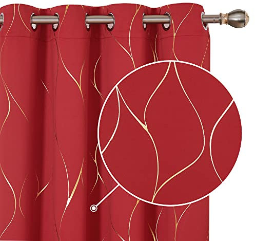 Deconovo Christmas Decorations Thermal Insulated Eyelet Blackout Gold Wave Foil Printed Curtains Energy Saving for Bedroom Red W46 x L90 Inch, Red, One Pair