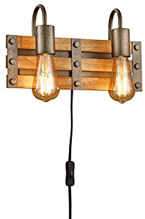 meineWunschleuchte 2-flammige Wandleuchte aus Holz & Metall mit Schalter und Stecker, Breite 35cm