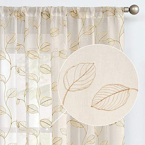 TOPICK Sheer Vorhang Voile Stangedurchzug Blätter Stickerei Gardine lichtdurchlässig Beige Blatt Vorhänge Gaze Paarig für Wohnzimmer Schlafzimmer H175xB140(cm) 2er Set