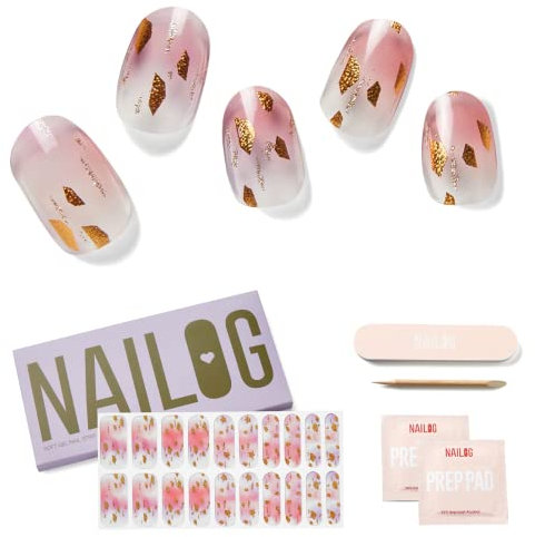NAILOG Semi Cured Gel Nail Strips, Extra Long Nail Polish Strips (20 Pieces), Long Lasting Semi Cured Nail Stickers with Soft Glossy Gel Finish, Rose Land