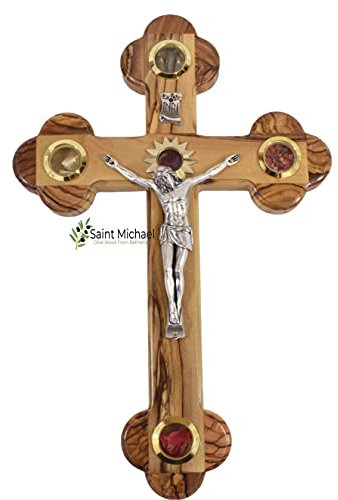 SAINT MICHAEL OLIVE WOOD FROM BETHLEHEM - Olivenholz-Kruzifix, 27,9 cm, Wandbehang, Heiliges Landkreuz mit 5 Gläsern verziert mit Blumen, Steinen, Olivenblättern und Weihrauch