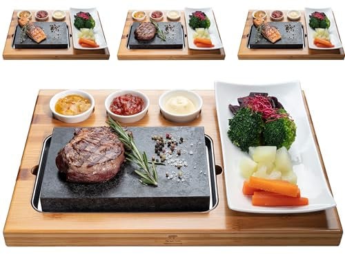 BEEFSTONE Heißer Stein Lavastein Steak-Brett Hot Stone Steingrill Set aus Bambusbrett Lavastone und Porzellan-Platte, Fleisch, Fisch grillen auf heißem Stein (4 x Uno)