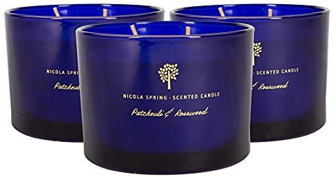 Nicola Spring Patchouli & Rosewood Scented Candle - 350g - Pack of 3-38 Hour Burning Time Natural Soy Wax Double Wick Candles Relaxing Fragrance Aromatherapy Gift Set