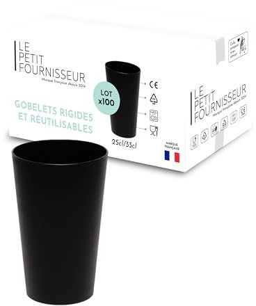 LPF LE PETIT FOURNISSEUR - Lot de 100 Gobelets réutilisables 25cl (33cl à ras-bord) - Polypropylène alimentaire - Gobelets plastique rigide - Compatible lavage au lave-vaisselle - Couleur Noire
