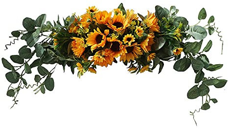 RTWAY Künstliche Sonnenblumen-Girlande, 74 cm, Sonnenblumen-Eukalyptus-Kranz, dekorative Blumengirlande mit grünen Blättern, Blumengirlande mit Eukalyptusblättern