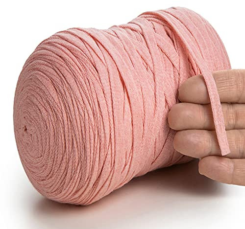MeriWoolArt® Baumwollgarn Band Rosa - 10mm T-Shirt Band Garn für Stricken, Makramee, Häkeln, Weben, Geschenkband - 150 m Baumwollband (Hellrosa)