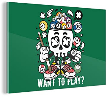 MuchoWow Glasbild Glasfoto Wandbild Bilder Deko 150x100 cm Billard - Totenkopf - Vintage