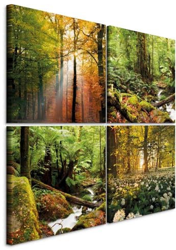 murando - Wandbilder Waldlandschaften 40x40 cm 4 Teilig je 20x20 Vlies Leinwandbild Kunstdruck modern Wanbilder XXL Wanddekoration Design Wand Bild - Wald Natur Bäume Bach Sonnenstrahlen