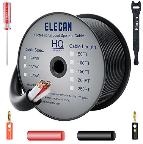 Elecan 12/2 Outdoor Speaker Wire Cable 100 Ft 12 Gauge AWG With Tool Kits-Direct Burial in Wall CL3 CL2 Rated-Pro Series 12AWG 2 Conductors-PVC Jacket& Film& Cotton-For Home Theater&Car Speakers-Black