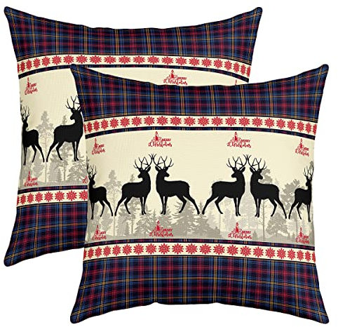 Weihnachten Hirsch Kissenbezüge 45x45 Satz von 2, Elchgeweih Werfen Kissenbezüge für Kinder Jungen Mädchen, Weihnachten Kissenbezüge Geometrische Gitter Plaid Kissenbezüge für Auto Stuhl im Freien