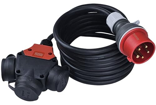 RoadEu CEE Starkstrom Adapter, CEE Stecker 16A, 380V auf 220V Adapter 10M, 3X 220V Schuko Kupplung, 5x2,5mm Gummikabel 10 Meter. Adapter 16A auf 230V. Starkstrom Verteiler
