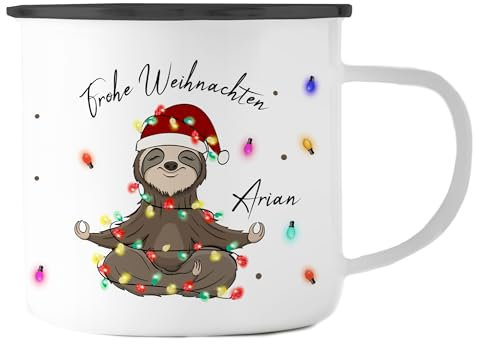 Emaille Tasse Becher personalisiert | Weihnachten | Faultier Lichterkette | Wichtelgeschenk mit Namen bedruckt | Nikolausgeschenk | Weihnachtszeit (Faultier Lichterkette - Emaille Rand Schwarz)