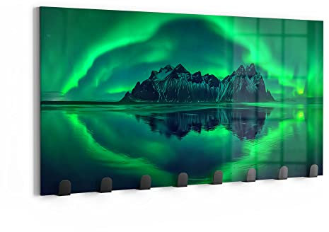 DEQORI Wandgarderobe Glas & Metall | Motiv Vestrahorn im Polarlicht | 60x30 cm | Design Haken-Leiste modern | Garderoben-Paneel für Flur, Wohnzimmer & Schlafzimmer | magnetisch & beschreibbar
