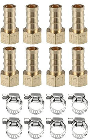 A ABSOPRO Schlauchtülle Gold 8 Stück Für Luft- & Gasschlauch Messing | Außendurchmesser 10mm, Gewinde G1/4-19, Größe 1,7x3cm, Für Wasser & Kraftstoff & Öl, Pneumatik, Inkl. 8 Klemmen