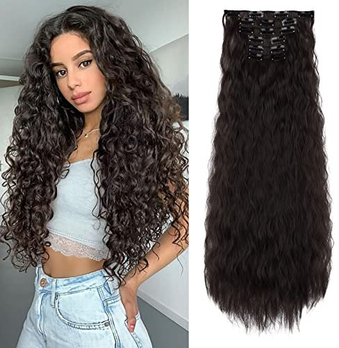 FLUFYMOOZ Clip in Extensions, 61cm 6PCS Lange gewellt Wellige Clip in Haarverlängerungen Dickes Natürliches Weiches Synthetisches Haarteil Für Frauen Mädchen Schwarz Braun
