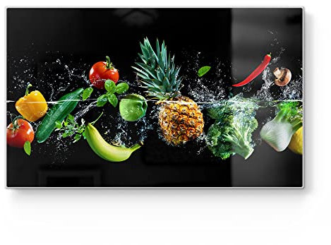 DEQORI Frühstücksbrett Glas | klein 23x14 cm | Motiv Sauberes Obst und Gemüse | Design Schneidebrett für Küche | Frühstücksbrettchen antibakteriell & rutschfest | Glasplatte & Servierplatte